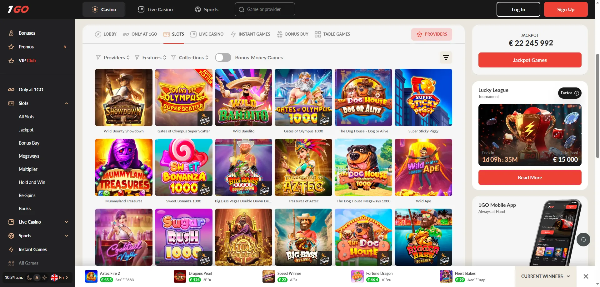 1GO Casino mobile slots gameplay on smartphone screen