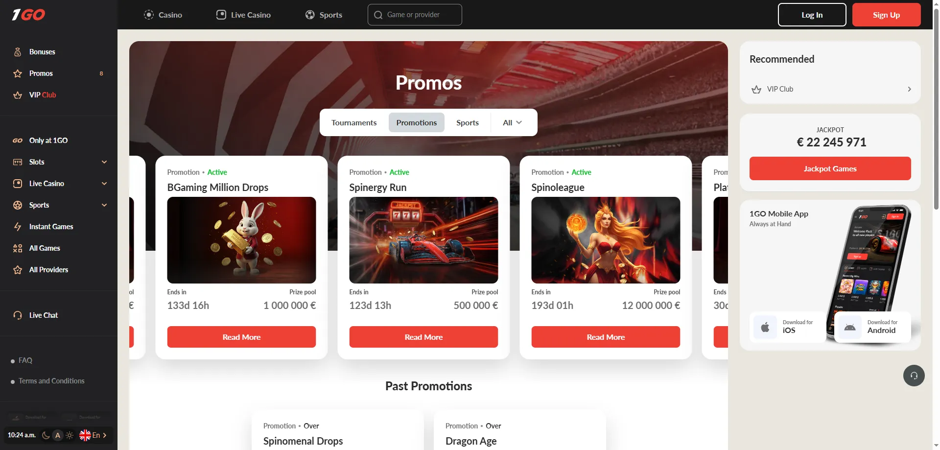 1GO Casino welcome bonus — 225% up to 81000 INR plus 400 free spins