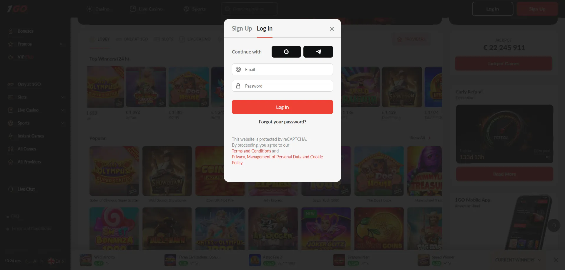 1GO Casino account login and bonus verification process