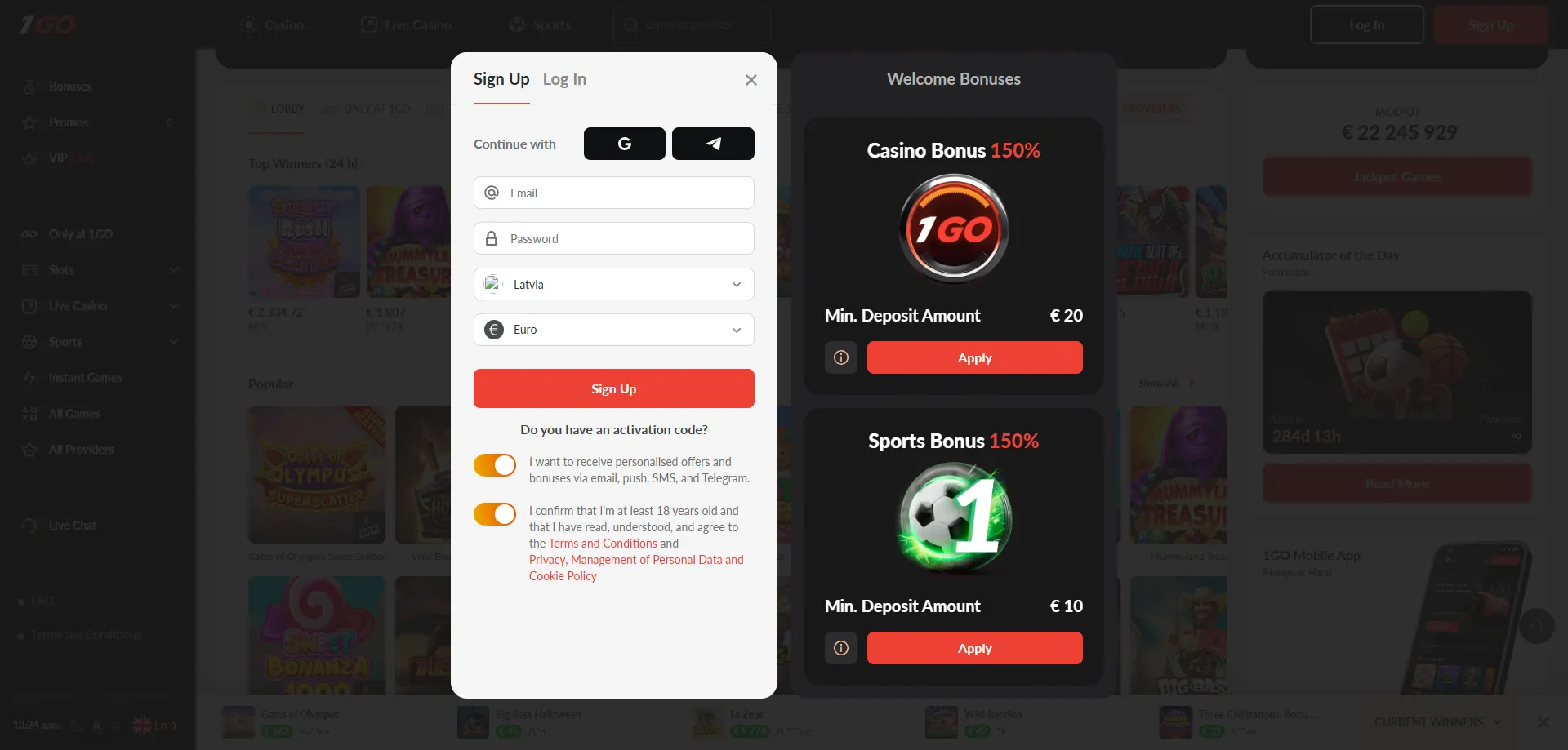 1GO Casino registration steps — create account and claim welcome bonus