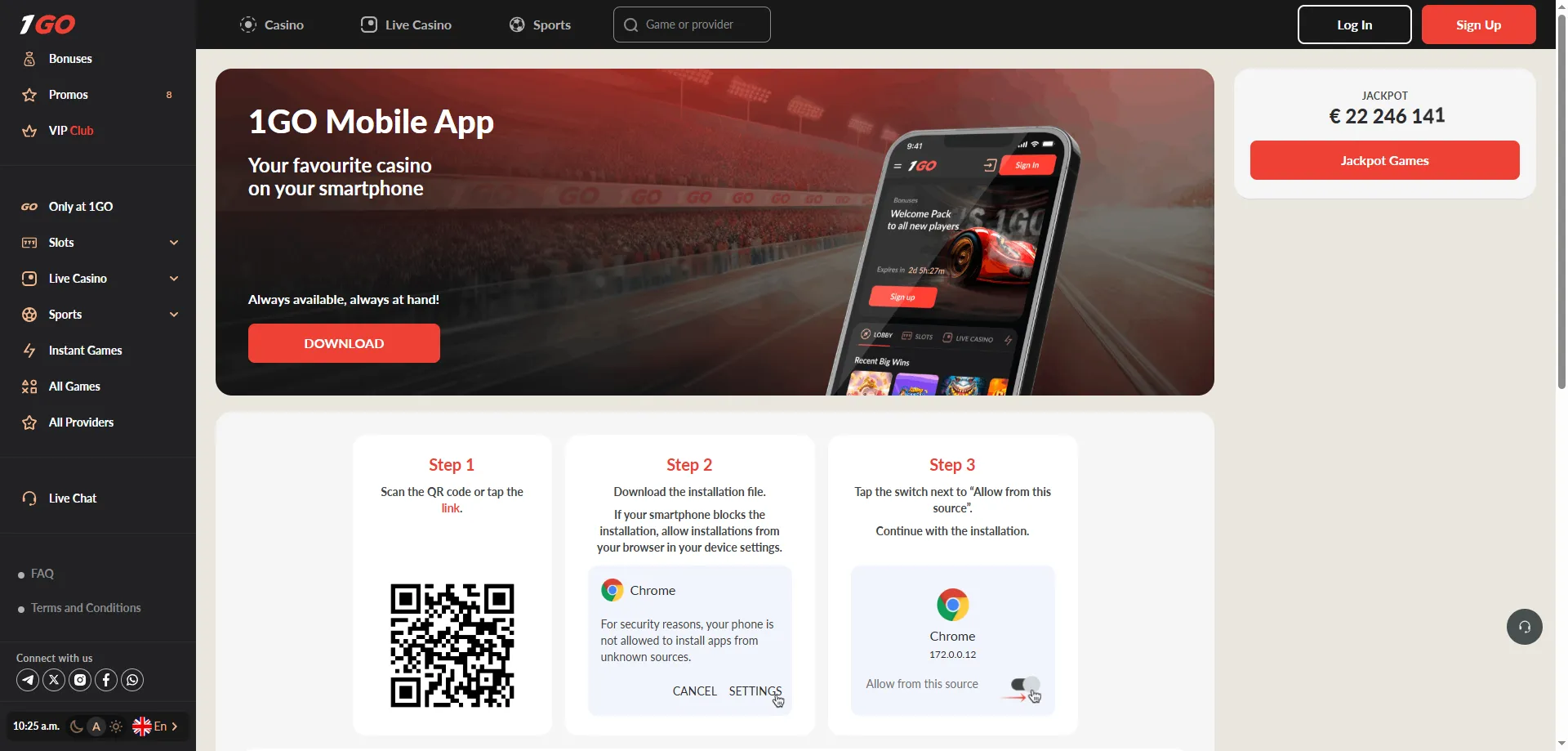 1GO Casino app download for Android and iOS devices