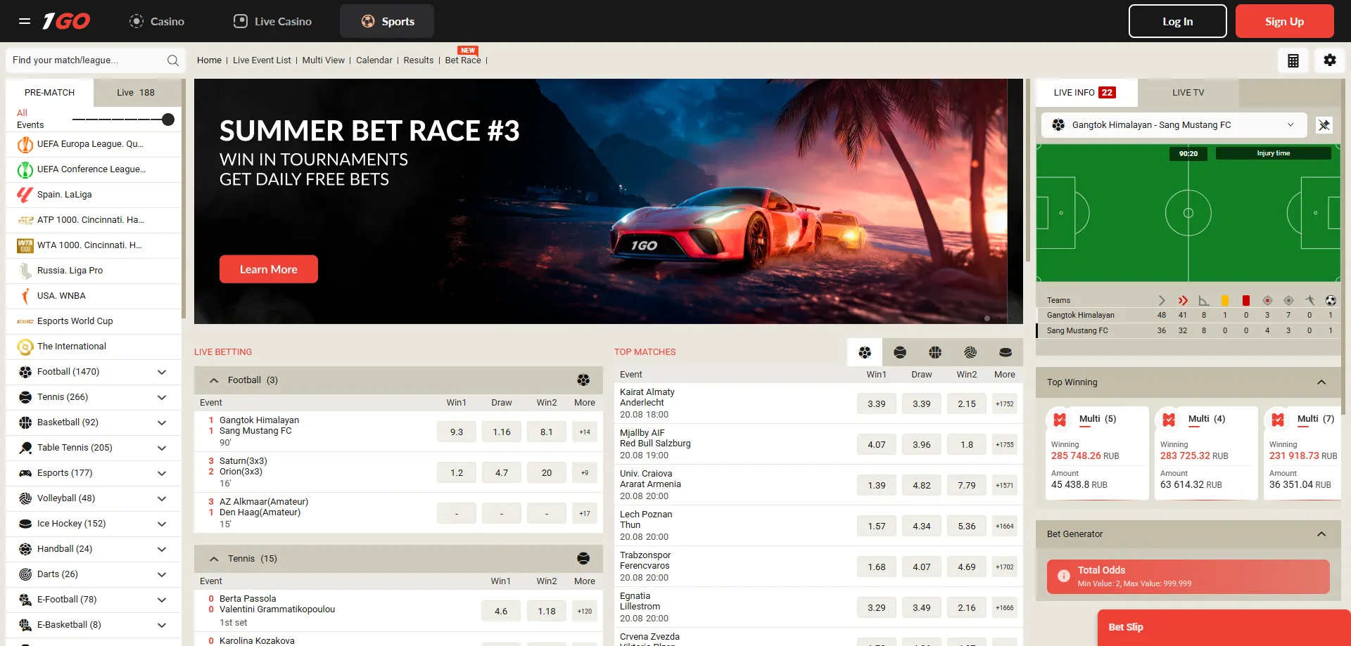 1GO Casino sportsbook — live betting, football, tennis and basketball odds